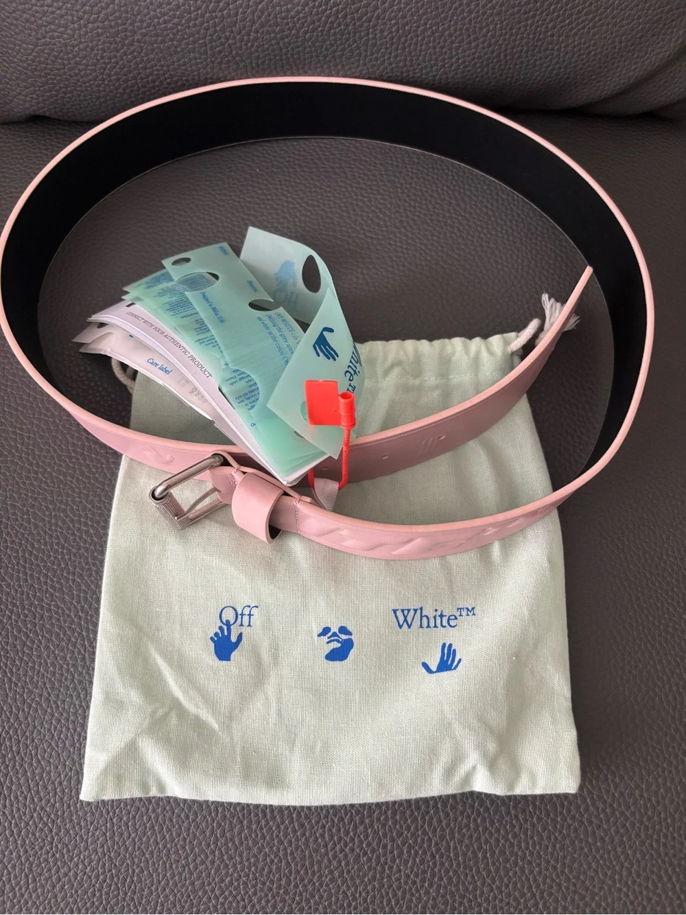 Off-White Pink and Black Leather Logo Belt